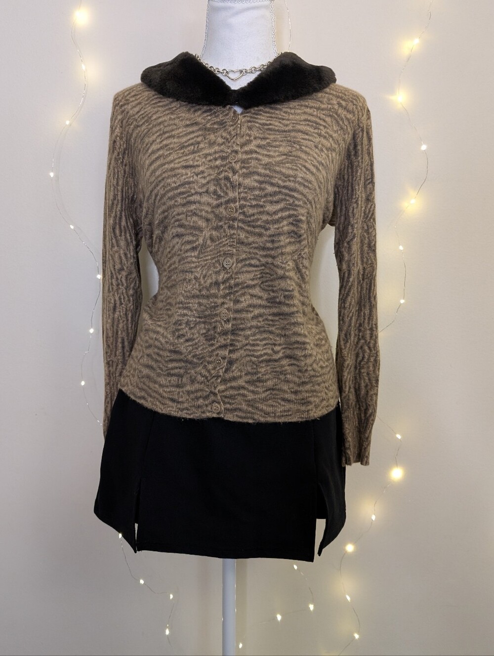 Liz Claiborne Beige Zebra-Print Cardigan with Brown Faux-Fur Collar